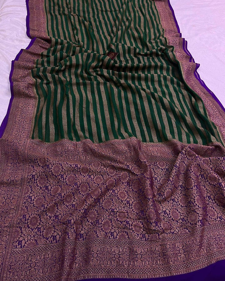 Dark Green Pure Banarasi Khaddi Georgette Saree - Aura Benaras