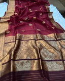 Maroon Banarasi Handloom Kora Silk Saree - Aura Benaras