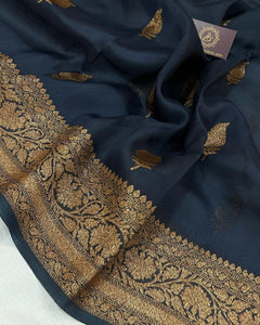 Teal Banarasi Handloom Kora Silk Saree - Aura Benaras