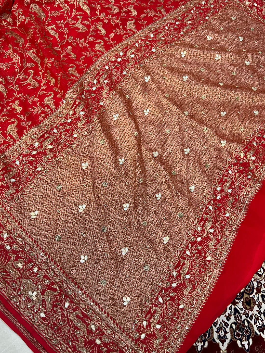 Red Zardozi Pure Banarasi Khaddi Georgette Silk Saree