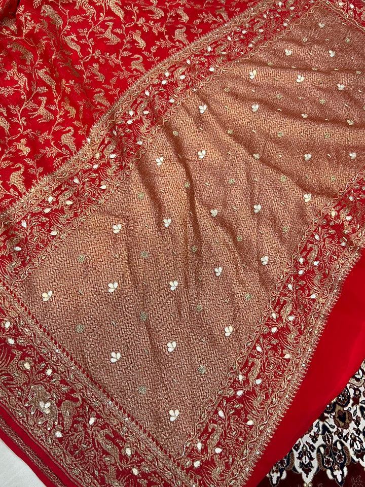 Red Zardozi Pure Banarasi Khaddi Georgette Silk Saree