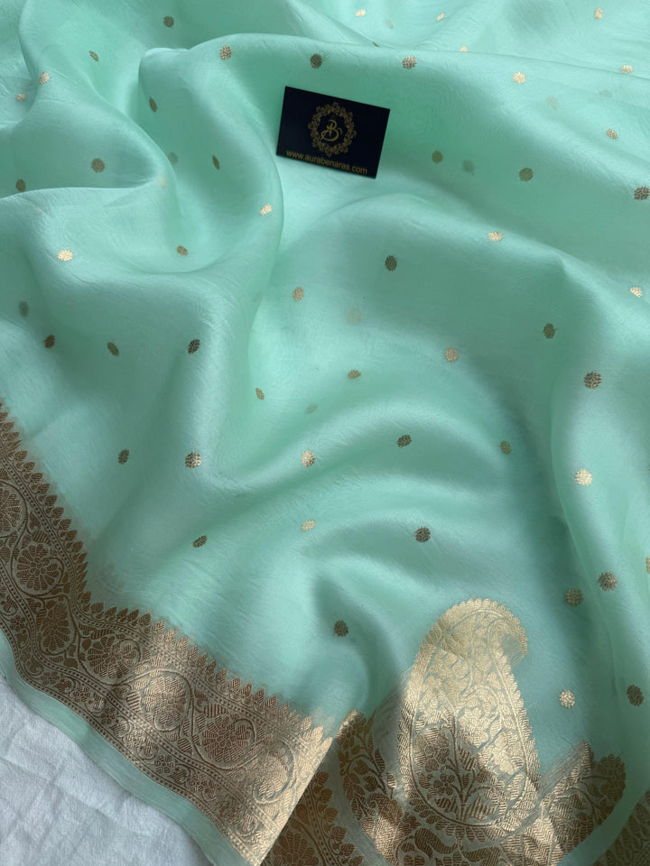 Pastel Mint Banarasi Handloom Kora Silk Saree | Aura Benaras