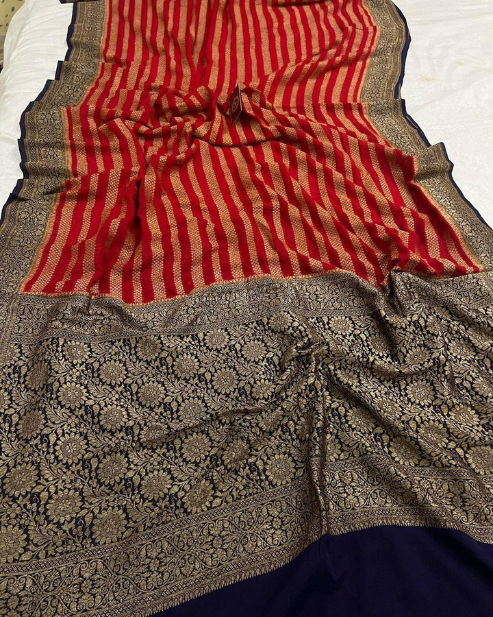 Red Pure Banarasi Khaddi Georgette Saree - Aura Benaras