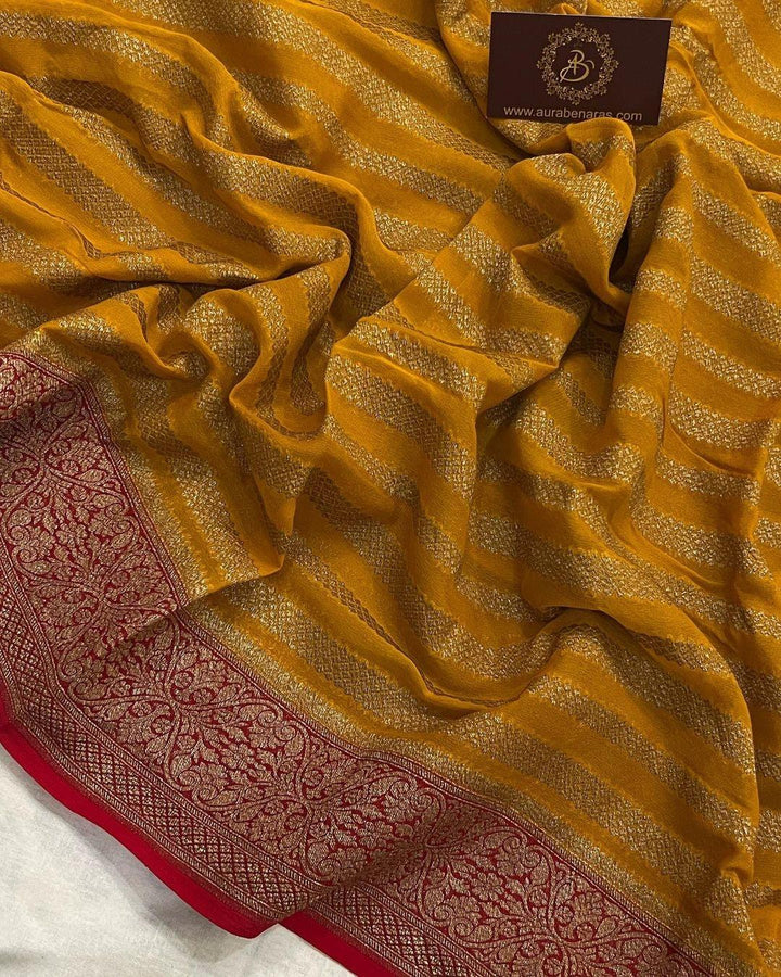 Mustard Yellow Pure Banarasi Khaddi Georgette Saree - Aura Benaras