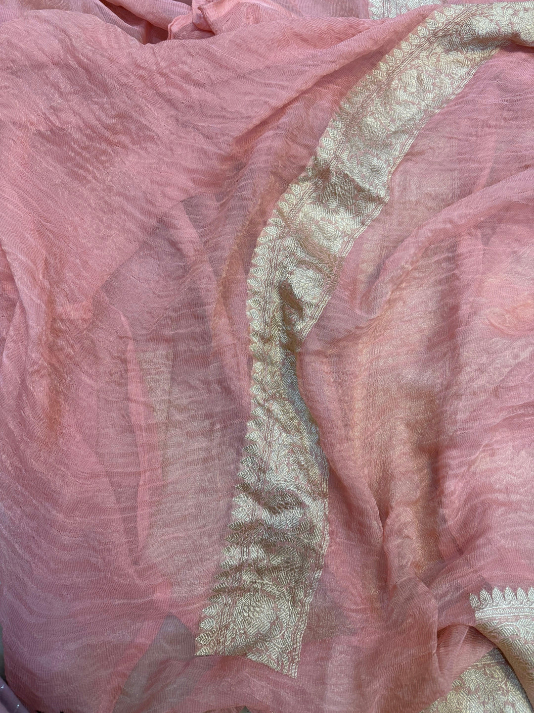 Peach Pure Banarasi Crush Tissue Silk Saree – Handwoven | Aura Benaras