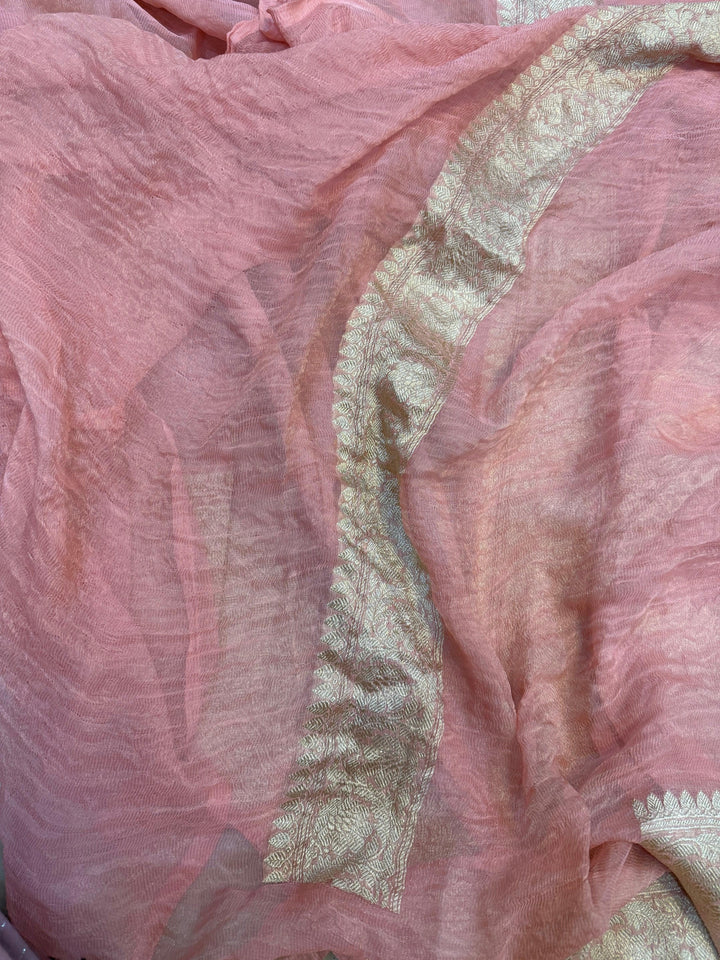 Peach Pure Banarasi Crush Tissue Silk Saree – Handwoven | Aura Benaras