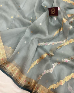 Grey Rangkaat Banarasi Handloom Kora Silk Saree - Aura Benaras