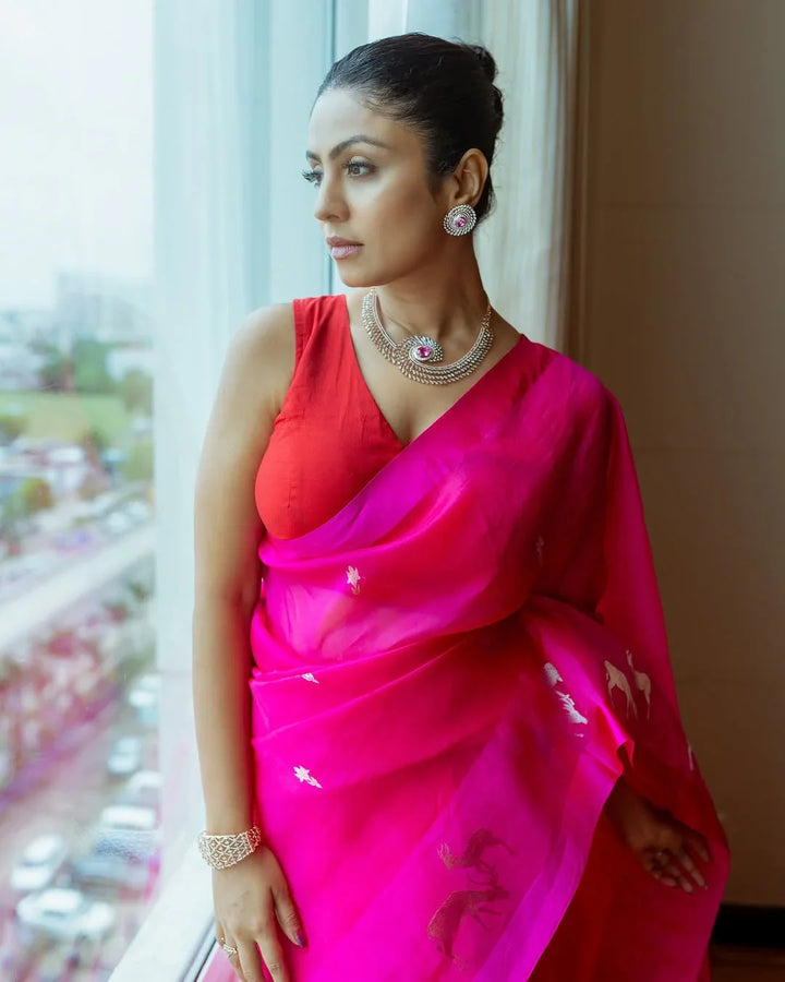 Hot Pink Pure Kora Silk Handloom Banarasi Saree