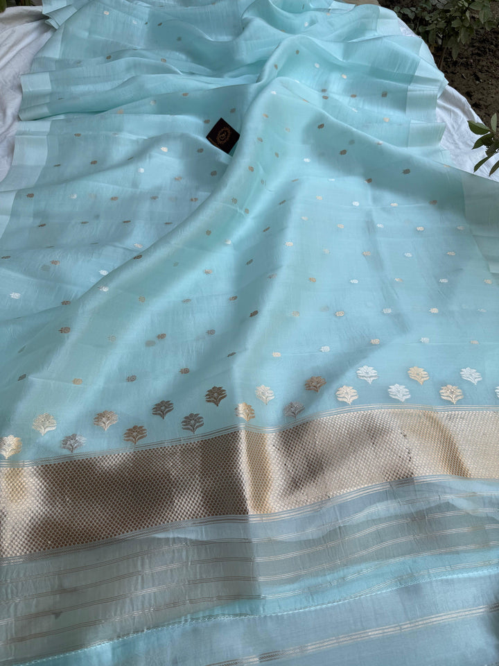 Pani Blue Pure Banarasi Handloom Kora Silk Saree with Kadhwa Buti & Mashru Border