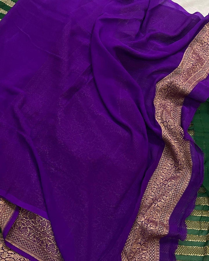 Dark Green Pure Banarasi Khaddi Georgette Saree - Aura Benaras