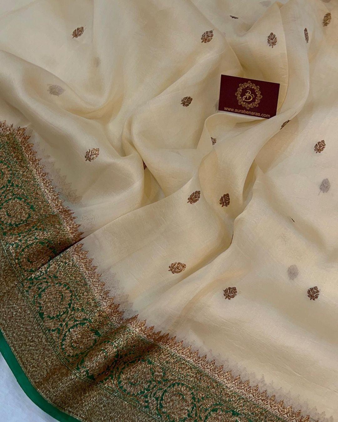Beige Banarasi Handloom Kora Silk Saree - Aura Benaras