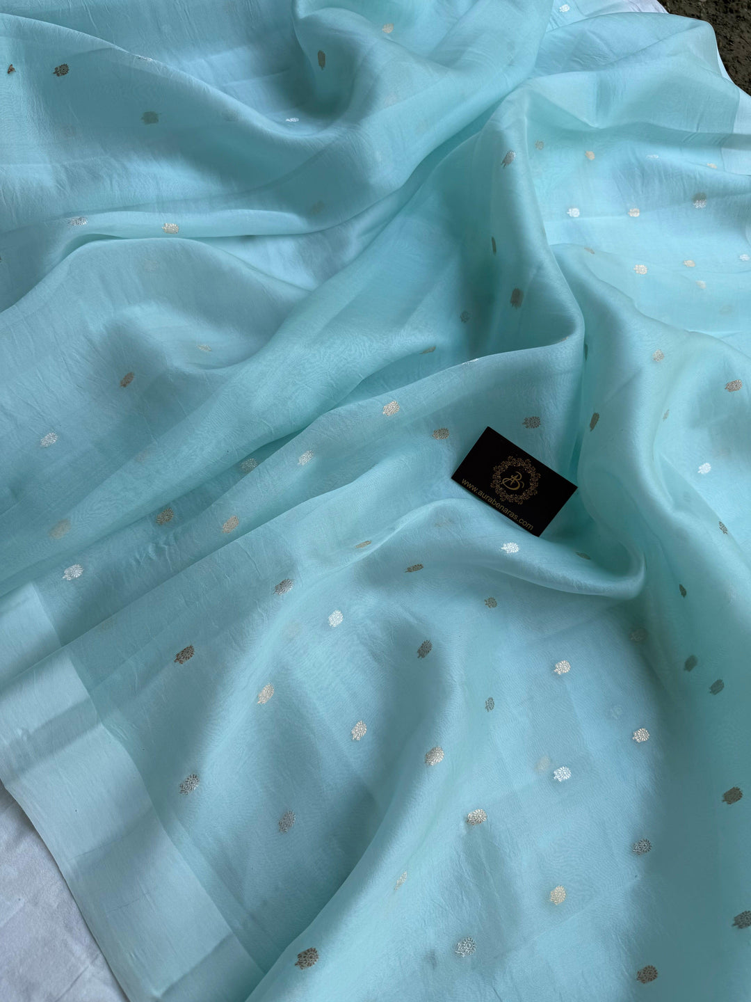 Pani Blue Pure Banarasi Handloom Kora Silk Saree with Kadhwa Buti & Mashru Border