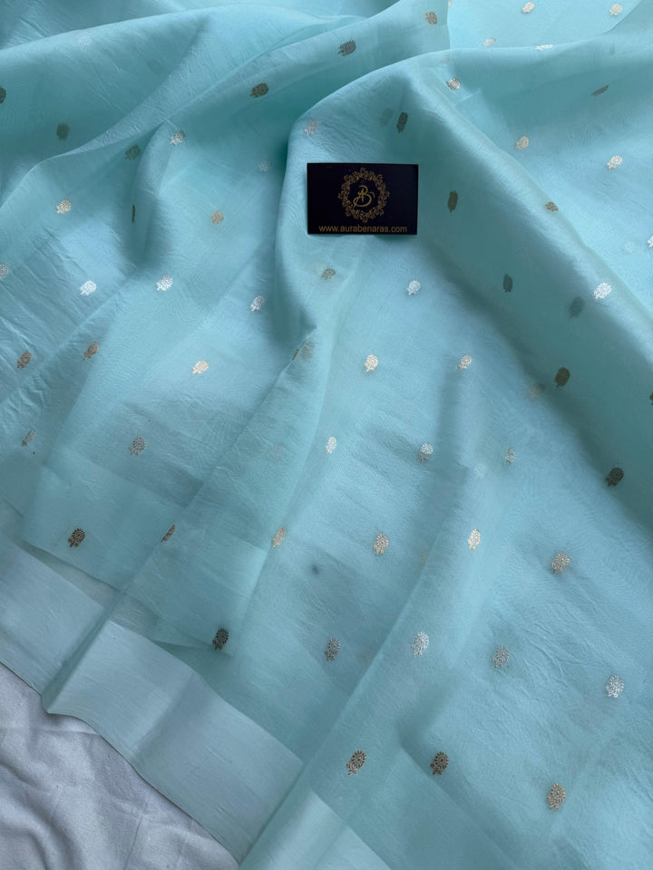 Pani Blue Pure Banarasi Handloom Kora Silk Saree with Kadhwa Buti & Mashru Border