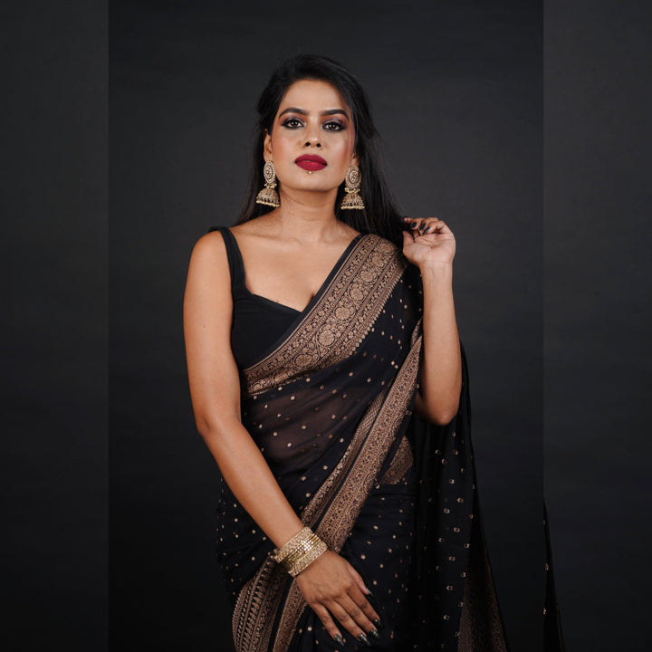 Black Banarasi Handloom Pure Khaddi Georgette Silk Saree