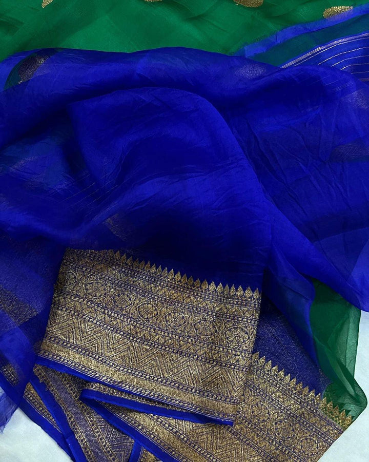 Emerald Green Banarasi Handloom Kora Silk Saree - Aura Benaras