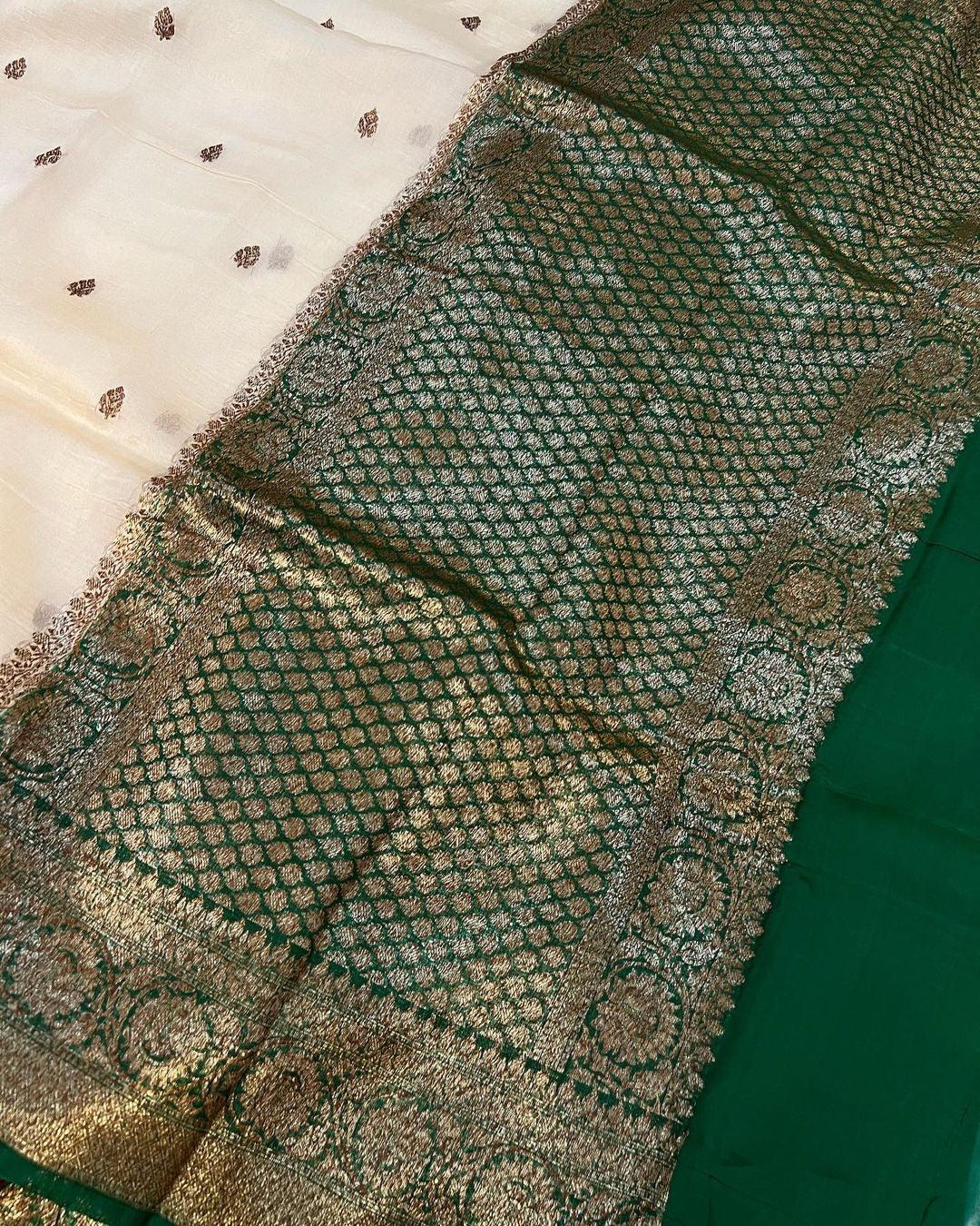 Beige Banarasi Handloom Kora Silk Saree - Aura Benaras