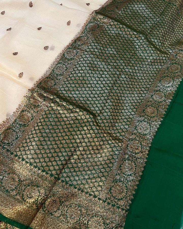 Beige Banarasi Handloom Kora Silk Saree - Aura Benaras