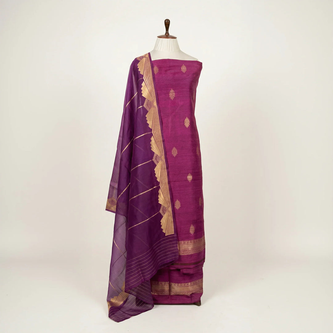 Purple Banarasi Katan Silk Unstitched Suit with Kadhwa Work