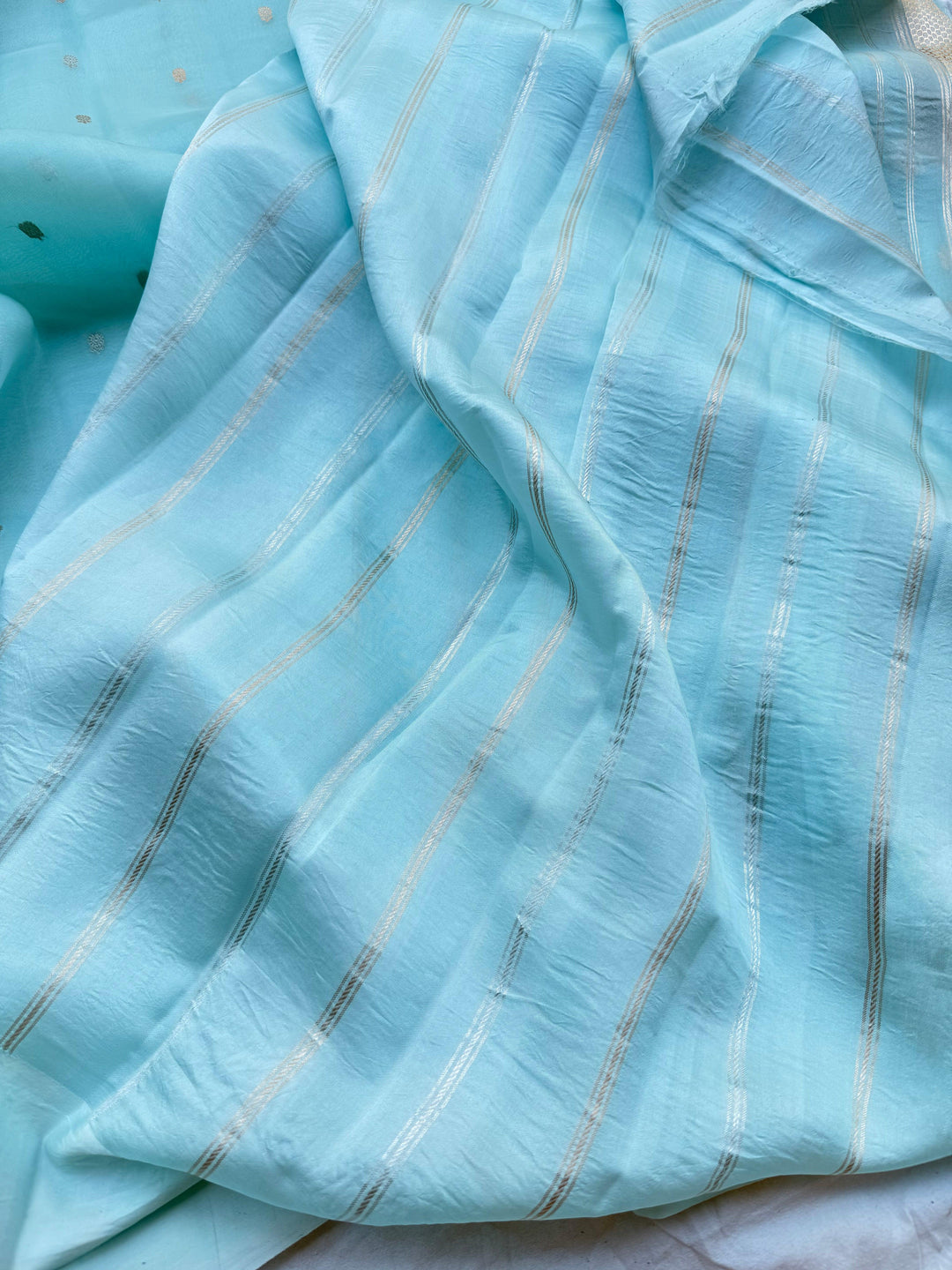 Pani Blue Pure Banarasi Handloom Kora Silk Saree with Kadhwa Buti & Mashru Border