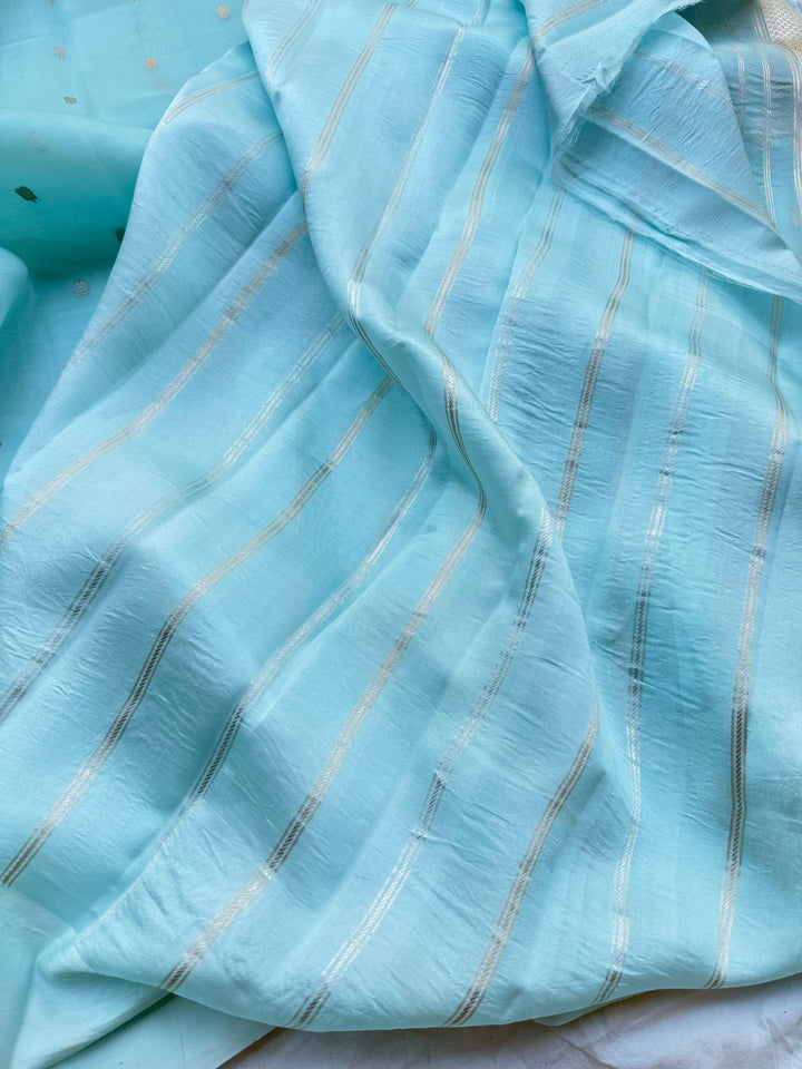 Pani Blue Pure Banarasi Handloom Kora Silk Saree with Kadhwa Buti & Mashru Border