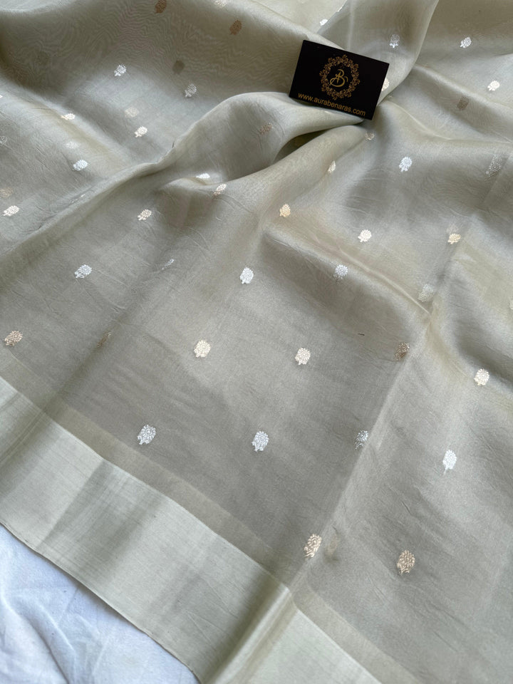 Pure Banarasi Handloom Kora Silk Saree with Kadhwa Butis | Aura Benaras