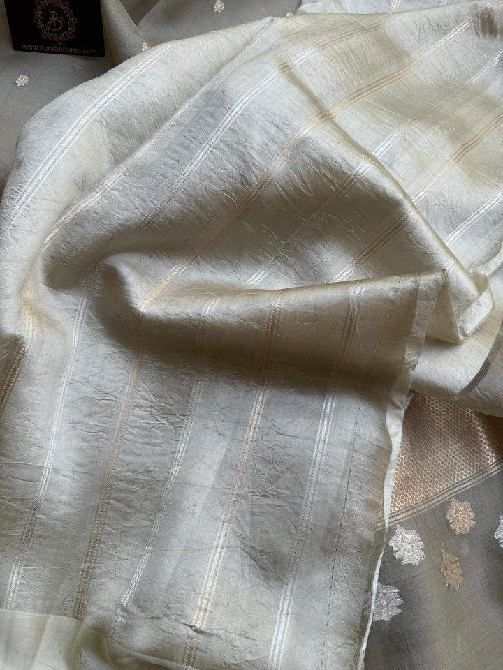 Pure Banarasi Handloom Kora Silk Saree with Kadhwa Butis | Aura Benaras