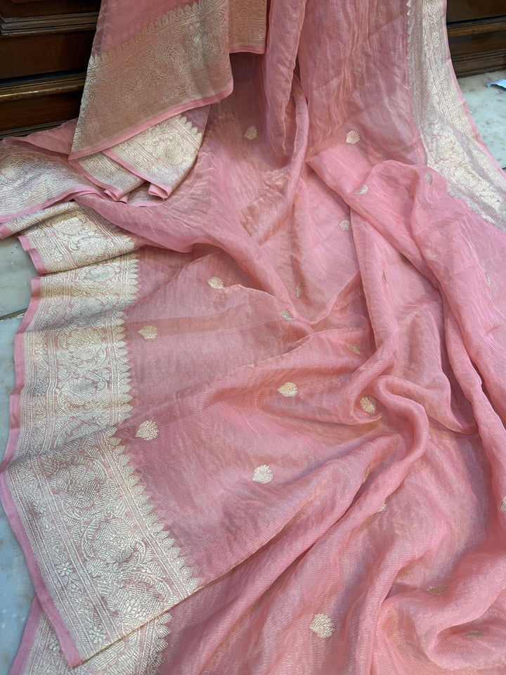 Peach Pure Banarasi Crush Tissue Silk Saree – Handwoven | Aura Benaras