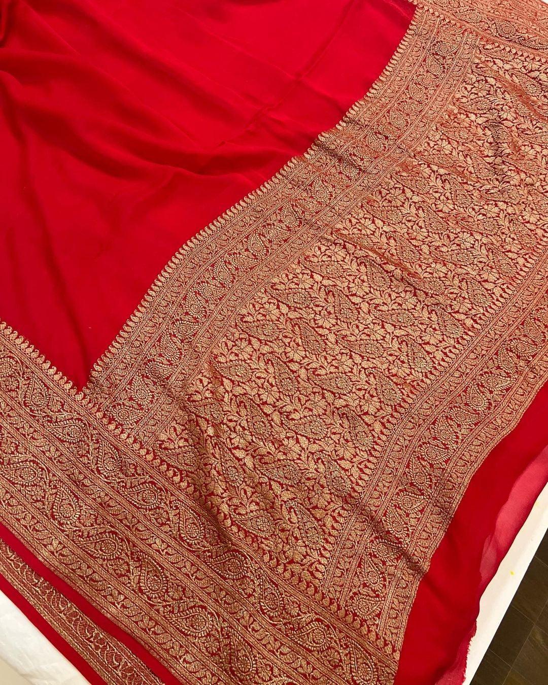 Red Pure Banarasi Handloom Khaddi Georgette Saree