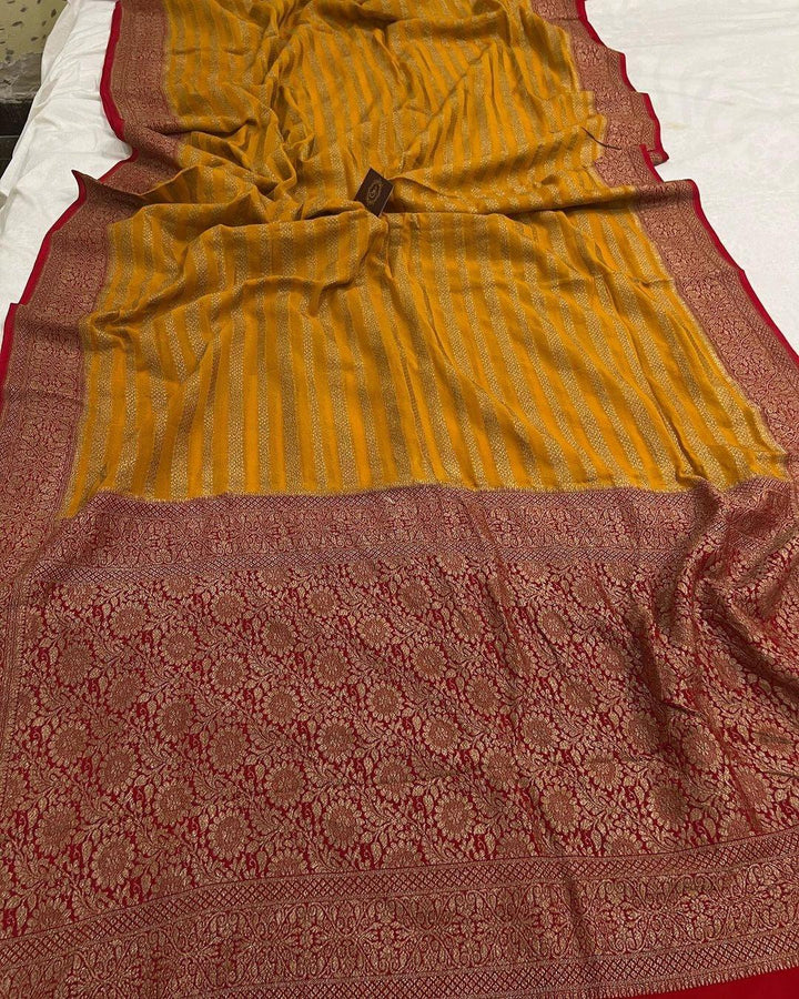 Mustard Yellow Pure Banarasi Khaddi Georgette Saree - Aura Benaras