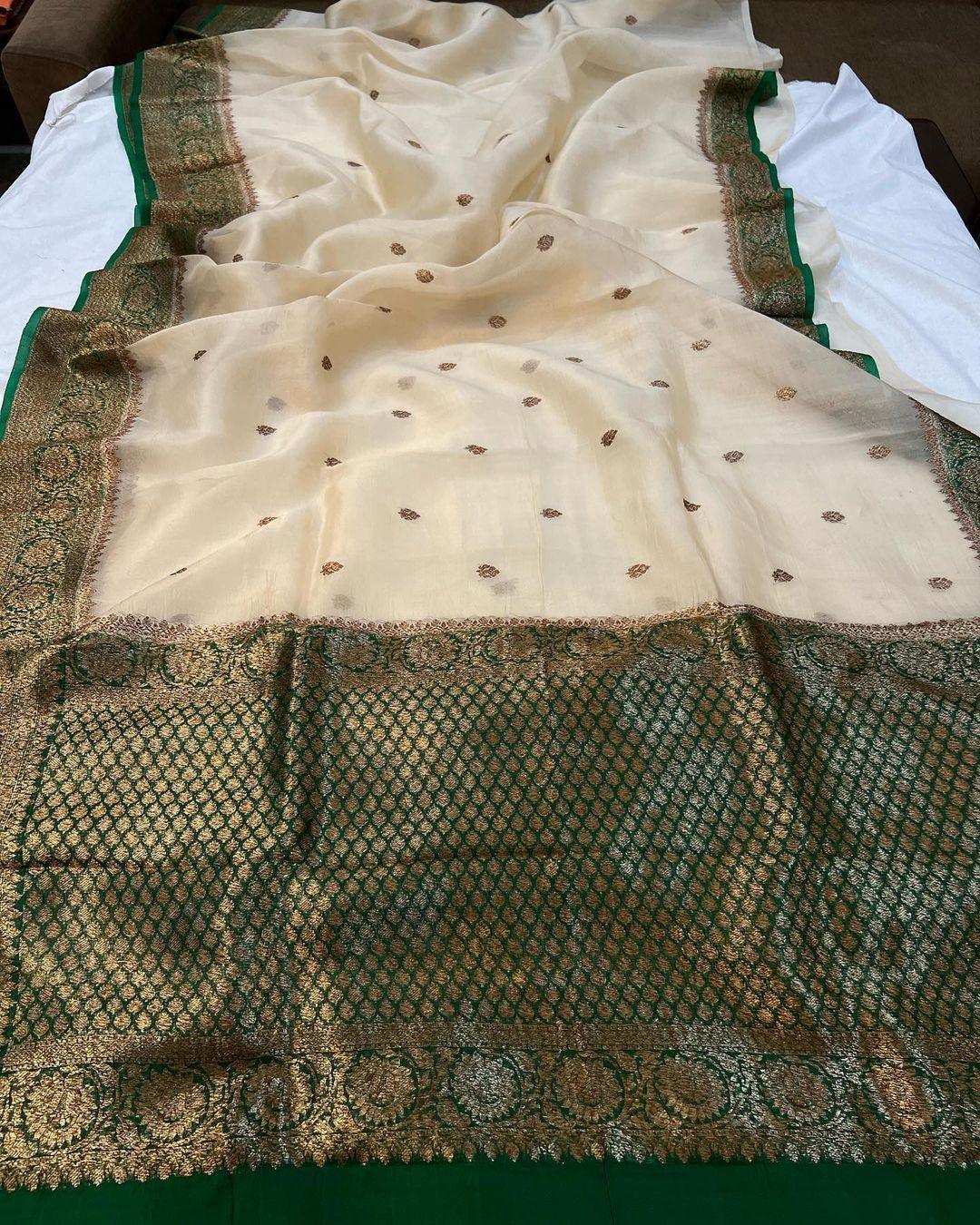 Beige Banarasi Handloom Kora Silk Saree - Aura Benaras