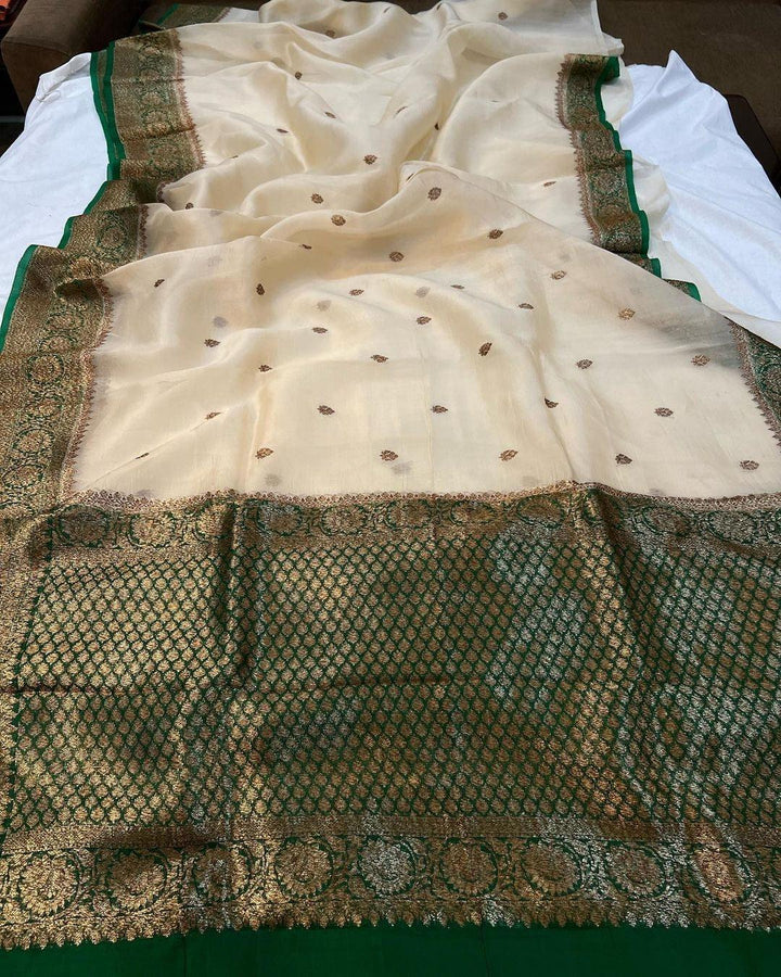Beige Banarasi Handloom Kora Silk Saree - Aura Benaras