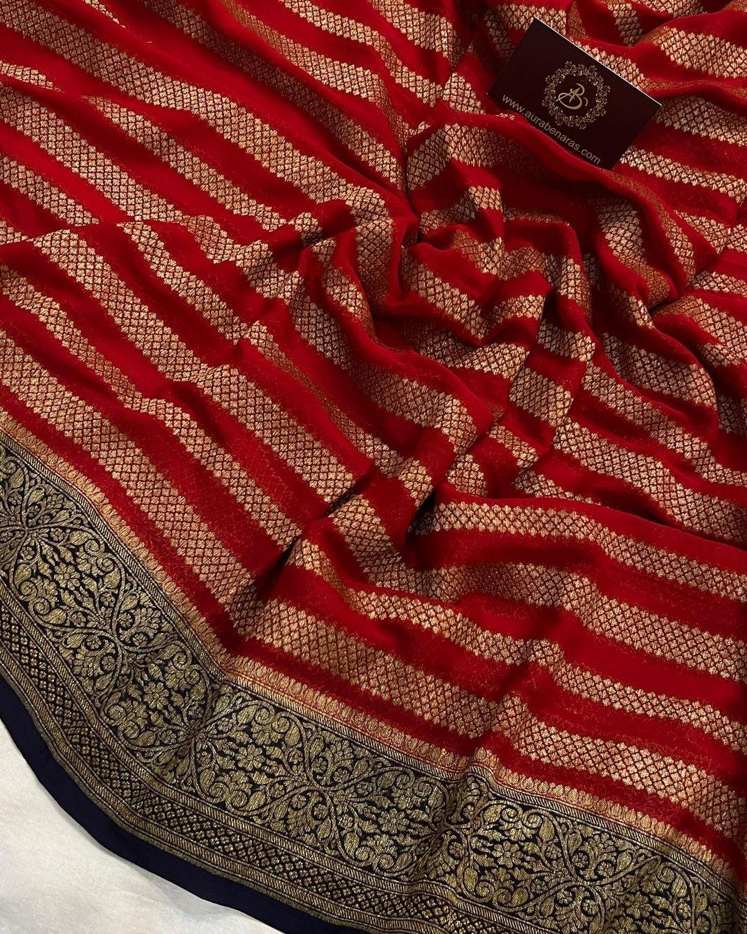 Red Pure Banarasi Khaddi Georgette Saree - Aura Benaras