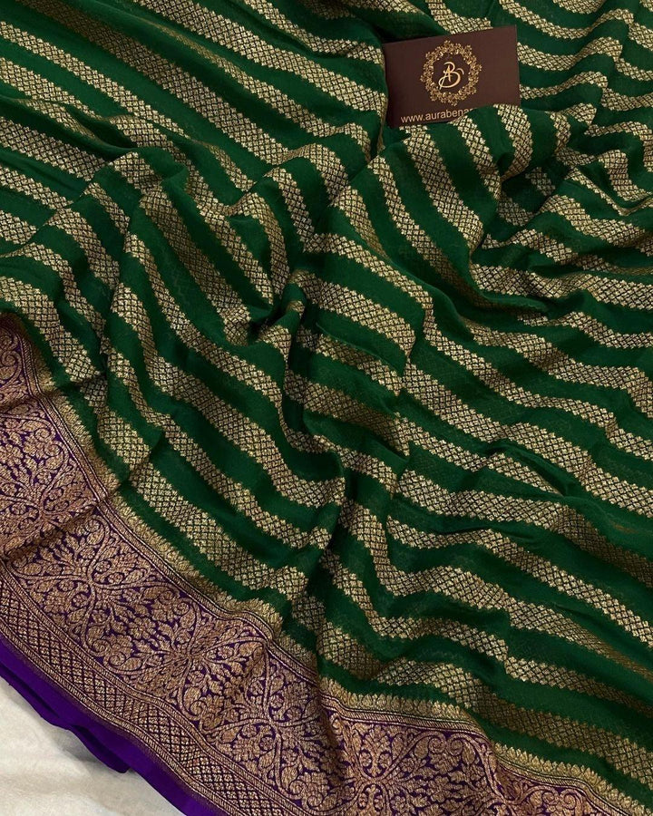 Dark Green Pure Banarasi Khaddi Georgette Saree - Aura Benaras