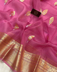 Onion Pink Pure Banarasi Handloom Kora Silk Saree - Aura Benaras