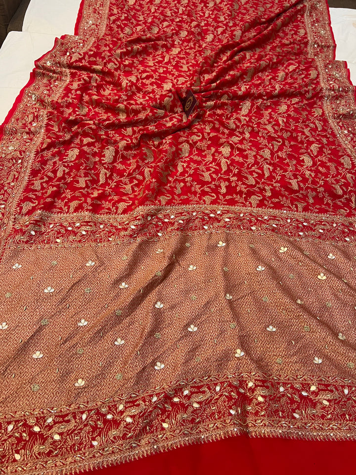 Red Zardozi Pure Banarasi Khaddi Georgette Silk Saree