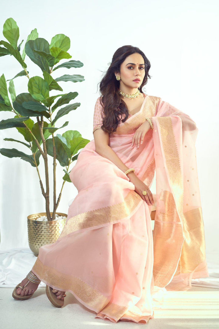 Pastel Peach Banarasi Handloom Kora Silk Saree | Aura Benaras