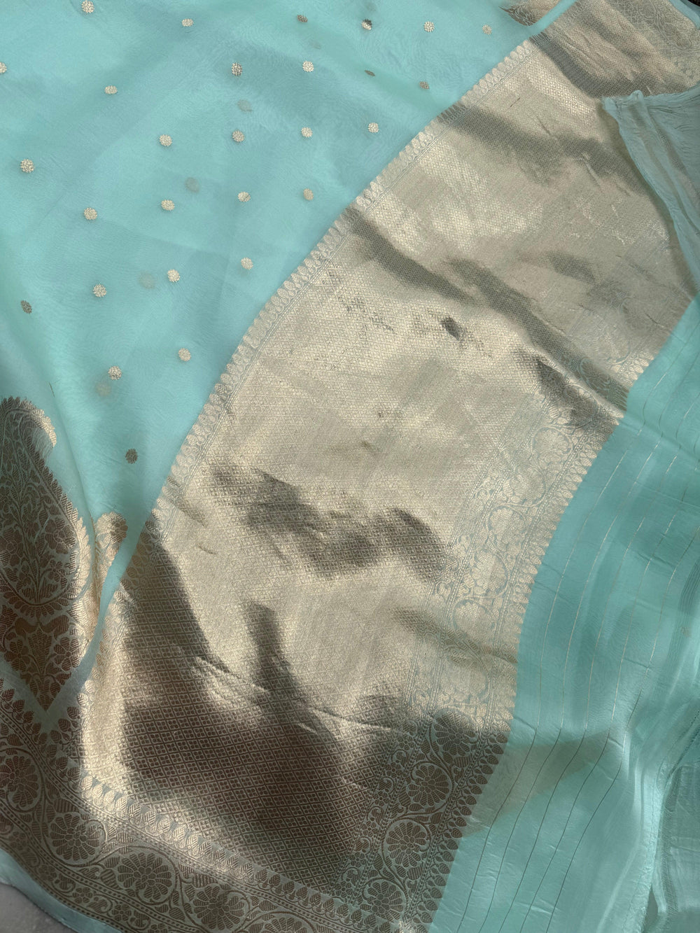 Pastel Mint Banarasi Handloom Kora Silk Saree | Aura Benaras