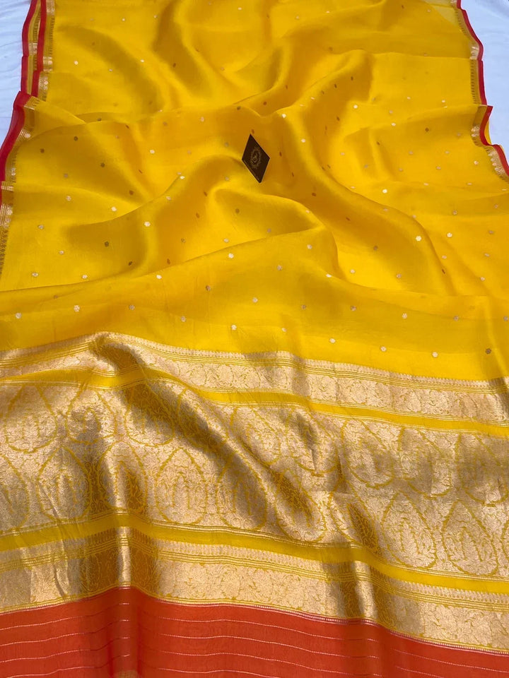 Yellow Pure Kora Silk Handloom Banarasi Saree