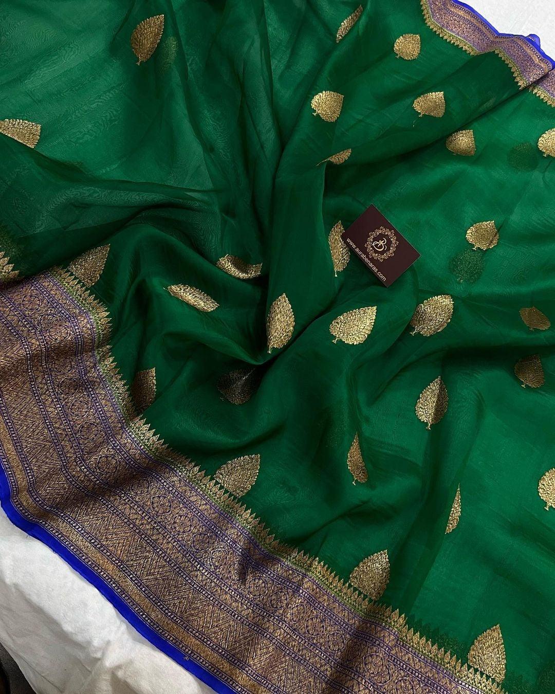 Emerald Green Banarasi Handloom Kora Silk Saree - Aura Benaras