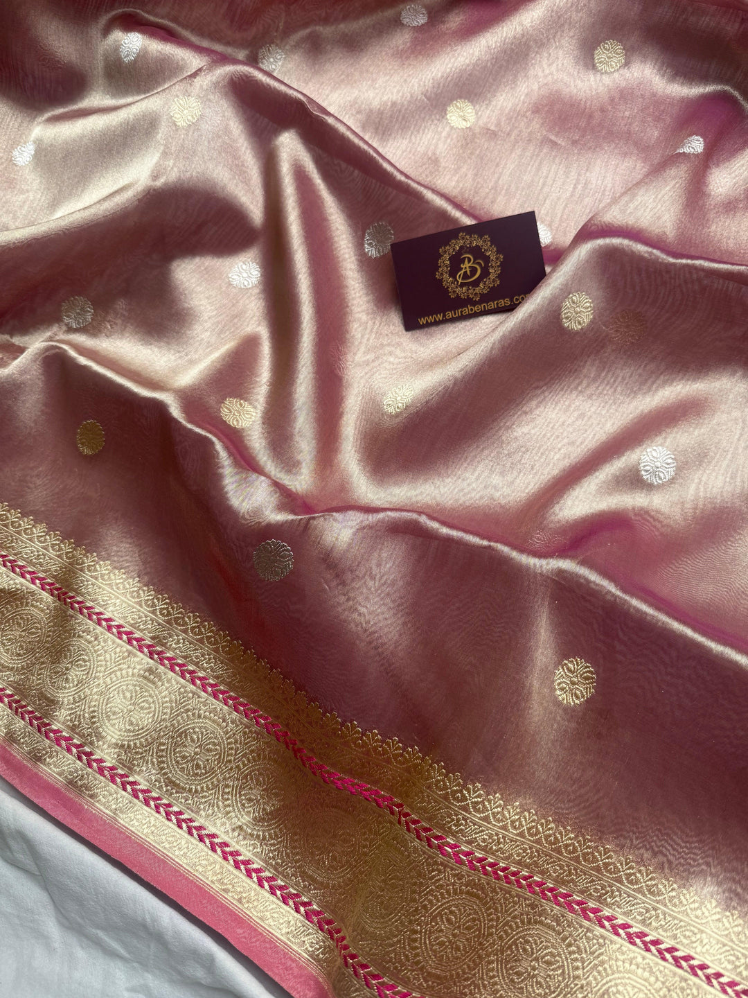 Rose Pink Banarasi Handloom Tissue Silk Saree - Aura Benaras