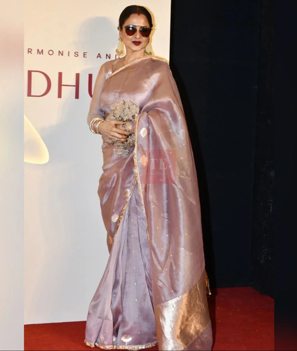Actresses Rekha in a Dusty Lavender Pure Kora Silk Handloom Banarasi Saree 