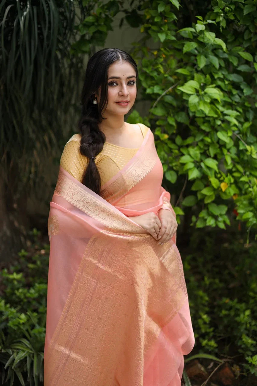 Peach Pure Kora Silk Banarasi Saree with Sona Rupa Zari 