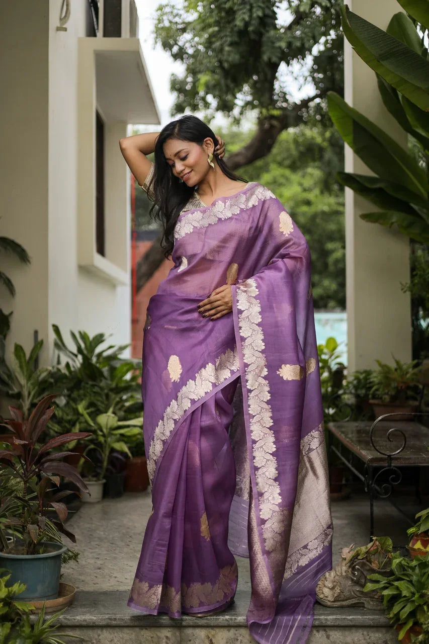 Dark Lavender Pure Kora Silk Handloom Banarasi Saree