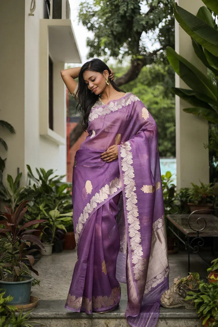 Dark Lavender Pure Kora Silk Handloom Banarasi Saree