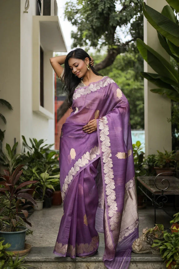 Dark Lavender Pure Kora Silk Handloom Banarasi Saree