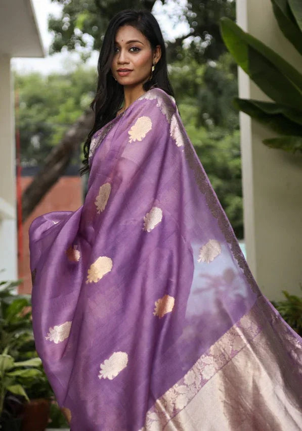 Dark Lavender Pure Kora Silk Handloom Banarasi Saree
