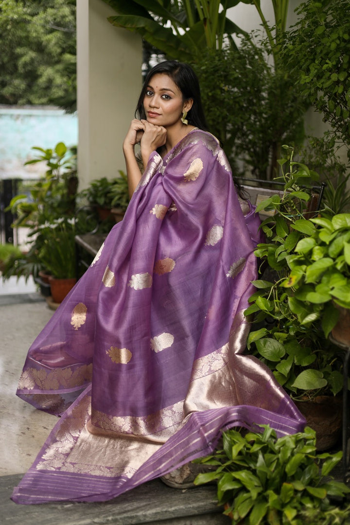 Dark Lavender Pure Kora Silk Handloom Banarasi Saree