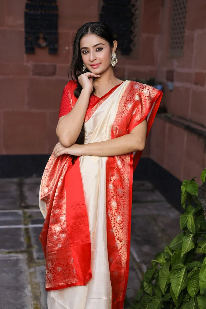 Off-White Banarasi Silk Saree | Kadhwa & Sona Rupa Border