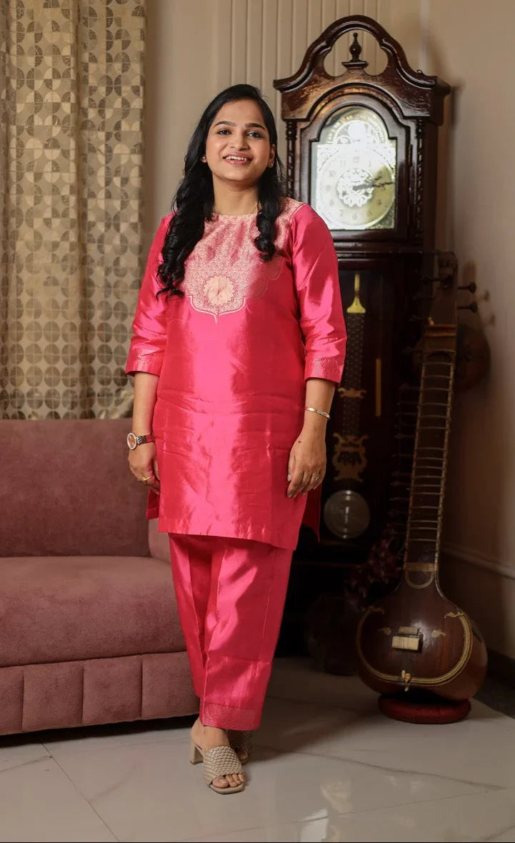 Rani Pink Pure Silk Banarasi Co-ord Set | Zari Neck & Border