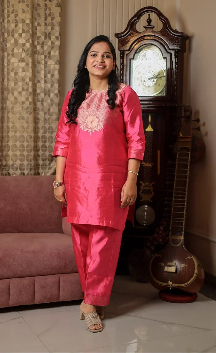 Rani Pink Pure Silk Banarasi Co-ord Set | Zari Neck & Border